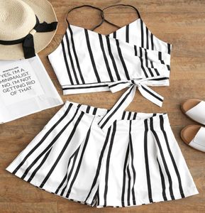 Zaful pasiaste kobiety Set spaghetti paski bez rękawów Nakładające się Bowknot Cami Top High Waisted Shorts Dwa kawałki2647416