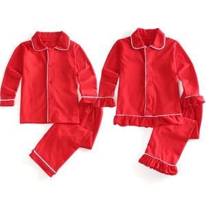 Natal pijamas crianças meninos e meninas plissado algodão macio vermelho pijamas natal botão up sleep terno babado manga longa sleepwear 231220
