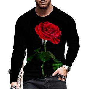 Mäns T-shirts Rose Flower Print Men's Casual T-shirts 6xl stor storlek långärmad gata hiphop-tröjor toppar o-hals våren höstman teesl2404