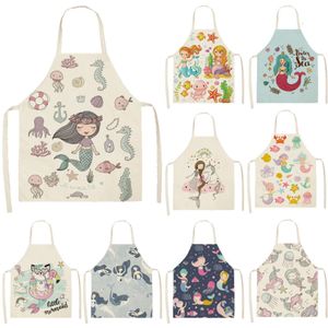 Cute Mermaid Printed Sleeveless Chef Aprons Kitchen Women Cotton Linen Pinafore Home Cooking Baking Waist Bib 55x68cm