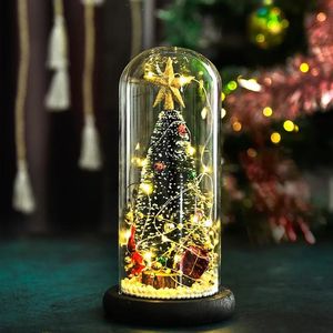 Dekoracje świąteczne dekoracje choinki w szklanej kopule ozdoby tabletopa LED choinka z drewnianą podstawą Xmas Decor with smyt -Ligh