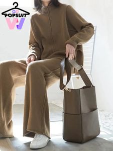 I kvinnors höst Slim Split tröja breda benbyxor sätter mode elegant temperament pullover tvåstycke stickning uppsättning kläder 231220