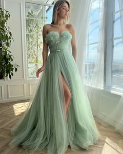 Strapless Tulle Luxury Celebrity Gown Evening Dress Attractive Sleeveless Ribbons Applique Side Split Mordern Sweep Train
