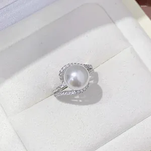 Cluster Anéis Meibapj 10-11mm Natural Branco Semiround Pérola Moda Anel DIY 925 Sterling Silver Holder Fine Wedding Jewelry para Mulheres