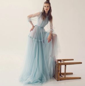 Elegant Light Blue Evening Pageant Dress 2024 Puff Long Sleeves Pleats Scoop Neck Tulle Prom Party Formal Gowns Vestidos De Feast Robe De Soiree Casamento