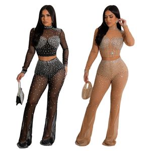 2024 Designer Sexy Mesh Diamonds Tracksuits Women Two Piece Sets Long Sleeve Sheer Outfits Sexy Crop Top and Pants See Through Club Wear Wholesale Clothing 10453