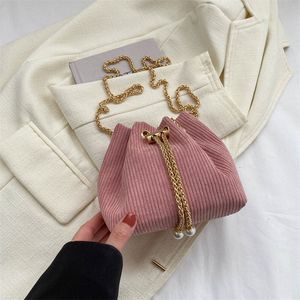 Evening Bags Luxury Designer Velvet Bucket For Women Retro Pearl Chain Handbags Female Purses Drawstring Shoulder Crossbody Bag