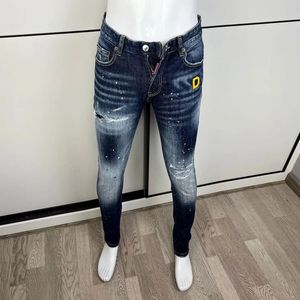Street mode män jeans högkvalitativ retro blå elastisk smal fit rippade jeans män broderi designer denim märke byxor hombre 231220