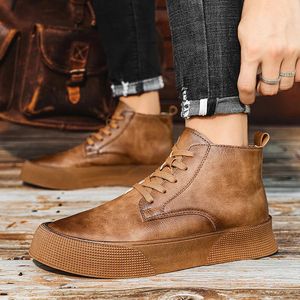 Autumn Men Ankle Boots Highcut Solid Genuine Leather Sneakers Motorcycle Tooling Platform Skateboard Sport Shoes 231221