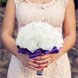 花輪2pcs人工結婚式を保持するブーケ花バラ水晶ラインストーンブライダルシルクスローウェディングブライダルブーケ