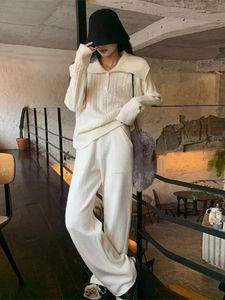 Pants Set Women 2 Piece Autumn/Winter Turn-down Collar Sweater Knitted Wide Leg Pant Sets Casual Pullover High Waist Pants 231220