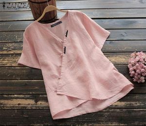 Zanzea Vintage Women V Neck Short Shirt Shirt Shirt Summer Cotton Linen Blouse Robe Femme Work Tunic Tops Cheise Blusa Solid Y4069685