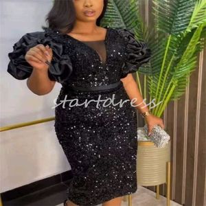 Sparkly Black Sequin Short Prom Dress 2024 With Sleeves Sheath Plus Size Women Formal Evening Dress For Special Occasions Promdress Knee Length Cocktail Party Gowns