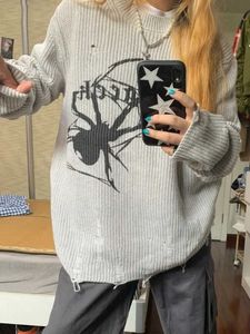 Herrenpullover Milang Girl Spider Print Harajuku Pullover Frauen Gothic Vintage Ripped Grunge Jumper Streetwear Korean übergroße HipHop Pullover T231221