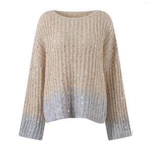 Women's Sweaters Loose Lazy Oaf Slash Neck Sweater Women 2023 Autumn Winter Mohair Bingbing Sequins Contrast Color Knitted Pullover
