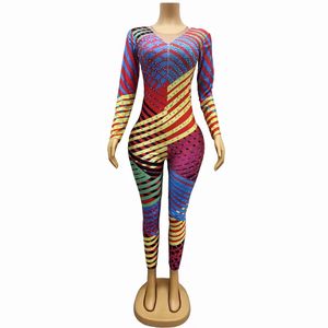 Sexig färgglada strasshoppar Jumpsuit Women Acrobatics Pole Dance Leotard Stage Performance Crystal Stripes Elastic Tight Jumpsuit Dancer Gogo Nightclub Outfit