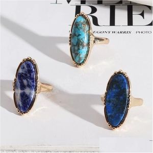 Band Rings Gold Oval Turquoise Lapis Lazi Blue Natural Stone Rings Fashion Inner Dia 1.7cm Color Band Jewelry for Drop Delivery Jewelr Dhn6f