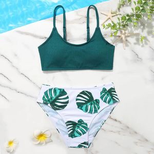 Badkläder Leaf Print Girl Swimsuit Kids Ribbed Two Piece Children's SwimeWear 714 Years Teen Bikini Set vadderad baddräkt 2022 Beachwear