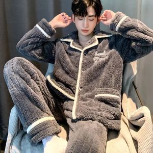Pijama Erkekler Sıcak Kış Gizli Kalınlaşmış Nakış Pijama Set Piskoposluk Sonbahar Gece Giyeri Yumuşak Uzun Kollu Pantolon 231220
