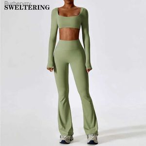 Active Set 2 Pieces Women Tracksuit Yoga Set Workout Sportwear Gym Clothing Fitness Long Sle Crop Top High midje Leggings Sports Sitsl231221