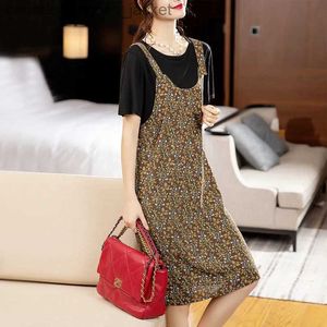 Two Piece Dress #15 Vintage Office T Shirt Dress Women Two Piece Set Floral Printed Spaghetti Strap Dress Fe Knee-length Retro Camisole L231221