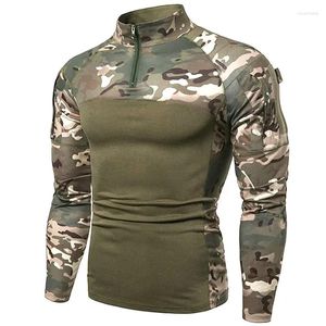 Men's T Shirts Camouflage Military T-Shirts Zipper Stand Neck Army Tactical Outdoor Sports Athletic Tops Long Sleeve