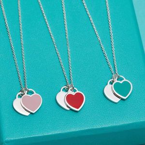 Designer Brand Double Heart Tiffays Love Necklace 925 Sterling Silver Peach Pendant Collar Chain Personalized Fashion Valentines Day Gift