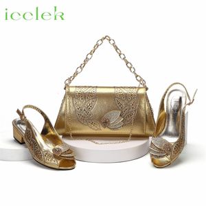 2023 Chegada Cor Dourada Salto Quadrado Peep Toe Sapatos Conjunto de Bolsa Combinando para Mulheres Nigerianas Bomba de Festa de Casamento 231220