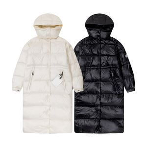 Дизайнерская зимняя куртка-пуховик Mengjia с капюшоном, женская модная куртка с теплыми плечами, длинное белое пальто на гусином пуху с вышивкой