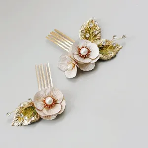 Hair Clips Retro Bride Comb Gold Color Leaf Wedding Accessories Exquisite Pearl Flowers Women Headdress Jewelry