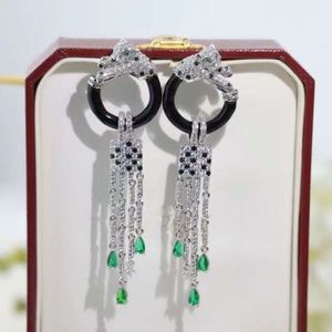 New Green Zircon Tassel Leopard Earrings with Pure Sier Needle and Gold Plated Inlaid Diamonds for Two Wearing Methods: Western Fairy