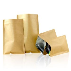 100 st återförslutningsbara Kraft Brown Flat Bottom Packaging Påsar miljövänlig matlagringsförpackning Packning av dragkedja