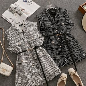 Frauen Luxuriöse Vintage Elegante Tweed Jacke Weste Weste Gestrickte Mit Gürtel Ärmellose Übergroße Veste 231221