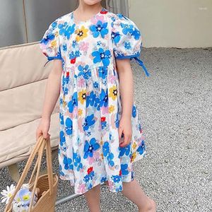 Girl Dresses Children's Clothes Sweet Sky Blue Princess Dress Summer Lacing Short Sleeve Round Neck Floral Printing Girls For Kids