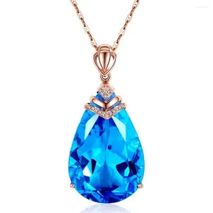 Ketten Aquamarin Edelsteine Anhänger Halsketten für Frauen Blau Kristall Rose Gold Farbe Halsband Party Kleid Mode Schmuck Bijoux Geschenke