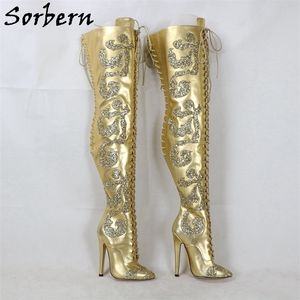 Sorberna botas de couro genuíno douradas, cano médio da coxa alta, salto stilettos com glitter flores, salto alto personalizado, renda traseira 231220