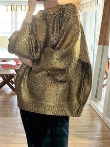 Винтажный золотой свитер цвета металлик, модные свободные вязаные пуловеры с круглым вырезом и длинными рукавами, женские осенние элегантные женские джемперы 231220