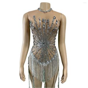 Stage Wear Sleeveless Fringe Mesh Rhinestone Sequins Dress For Women Sparkly Clubbing Mardi Gras Po Shoot Props Cheerleading