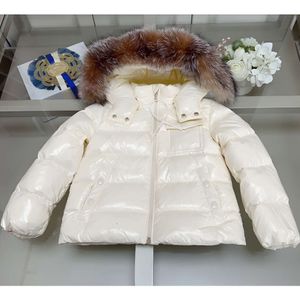 Luxury Designer Hooded Fluffy Down Jacket for Kids - Stylish White Puffer Coat with Fur Trim, Windproof & Warm Winter Outwear for Boys and Girls