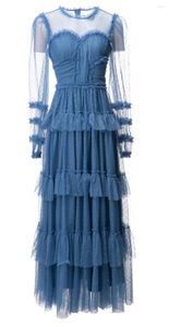 Casual Dresses Arrival Long Dress 2024 Spring Special Occasion Women Polka Dot Prints Sexy Tulle Mesh Cascading Ruffle Blue Maxi