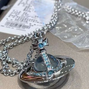 24SS Designer Viviene Westwoods Viviennewestwood New Western Empress Dowager Orb 3d Large Glacier Blue Saturn Necklace High End Pendant Sweater Chain Chain