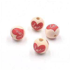 Wood 16Mm Round Wood Bead Red Love Heart Printing Valentines Day Wooden Loose Beads Diy Jewelry Accessory Drop Delivery Jewel Dhgarden Dh7Bs