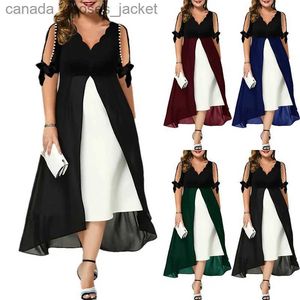 Tvådelklänning Kvinnor 2023 Spring/Summer New Plus Size Sexig V-hals Skarv Fake Two Piece Dress Fashion Oregelbunden medelstora SLE-klänning L231221