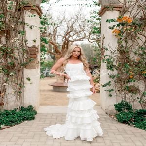 Dream Destination Meerjungfrau-Hochzeitskleid, sexy trägerloses hispanisches Boho-Brautkleid im Boho-Stil, abgestuftes Kuchen-Skrit-Strandkleid, weiß, skurrile zivile Land-Brautkleider