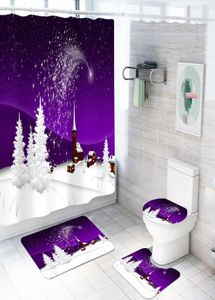 Cena de neve 3D Impressão Fundo Roxo Conjunto de Banheiro Cortina de Chuveiro Feliz Natal Tapetes Conjuntos de Banho de Desenhos Animados 4 Peças Cortinas1952835