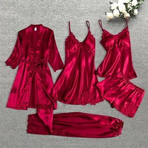 Women's Sleepwear Leepwear Female 5/4/2PCS Pajamas Set Satin Pyjamamas Lace Patchwork Bril Wedding Nightwear Rayon Home Wear Nighty&Robe