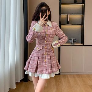 2023 Autumn Plaid Patchwork Dress Mały zapach tweed pojedynczy piersi różowe sukienki impreza żeńska koreańska vestidos 231221