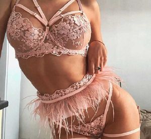 Floral Dessous Set Women Pink Black Sexy Unterwäsche Damen transparent gestärkte erotische Set6789568