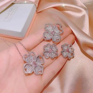 Necklace Earrings Set 3 In 1 Sets Square Pink Zircon Camellia Flower Ring Earring For Women Luxury Hollow Petal Simulated Moissanite Jewelry