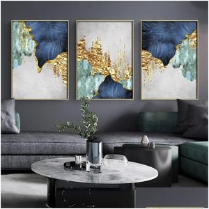 Gemälde Nordic Blau Goldene Folie Linien Leinwand Poster Drucken Moderne Abstrakte Wandkunst Malerei Dekoration Bild Wohnzimmer Home D DHSTM